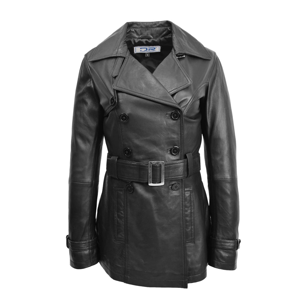 DR201 Women's Leather Buttoned Coat With Belt Smart Style Black 1