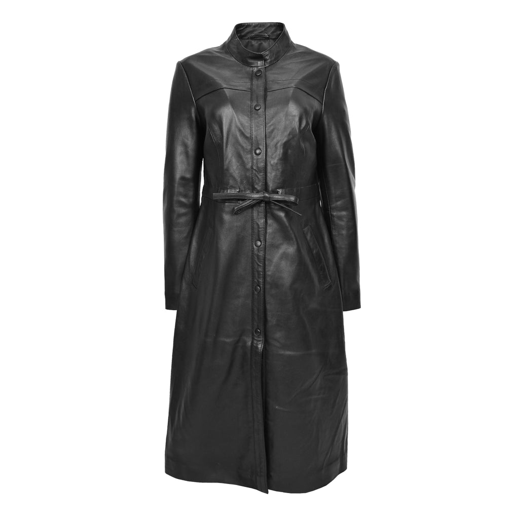 DR240 Women's Real Leather Slim Fit Trench Overcoat Black 1