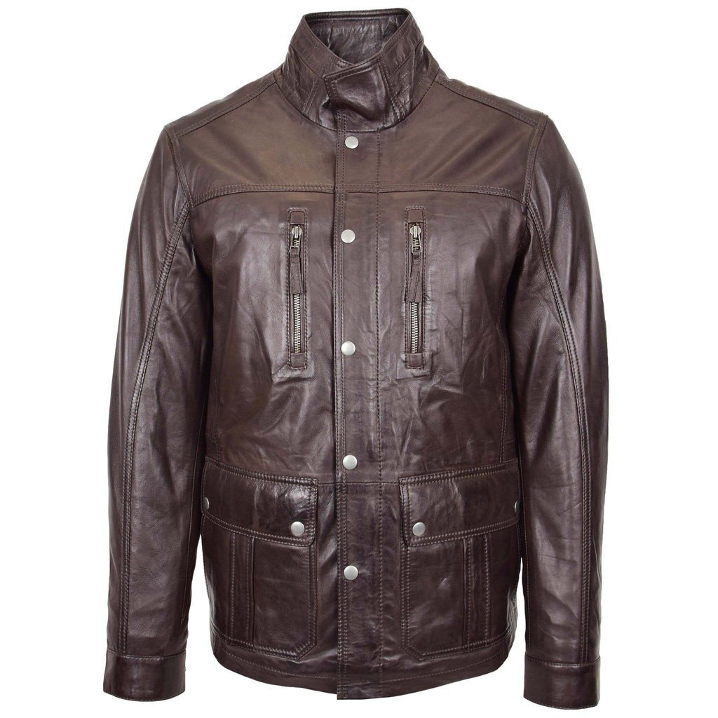 DR189 Men’s Leather Parka Jacket 3/4 Long Car Coat Brown 3