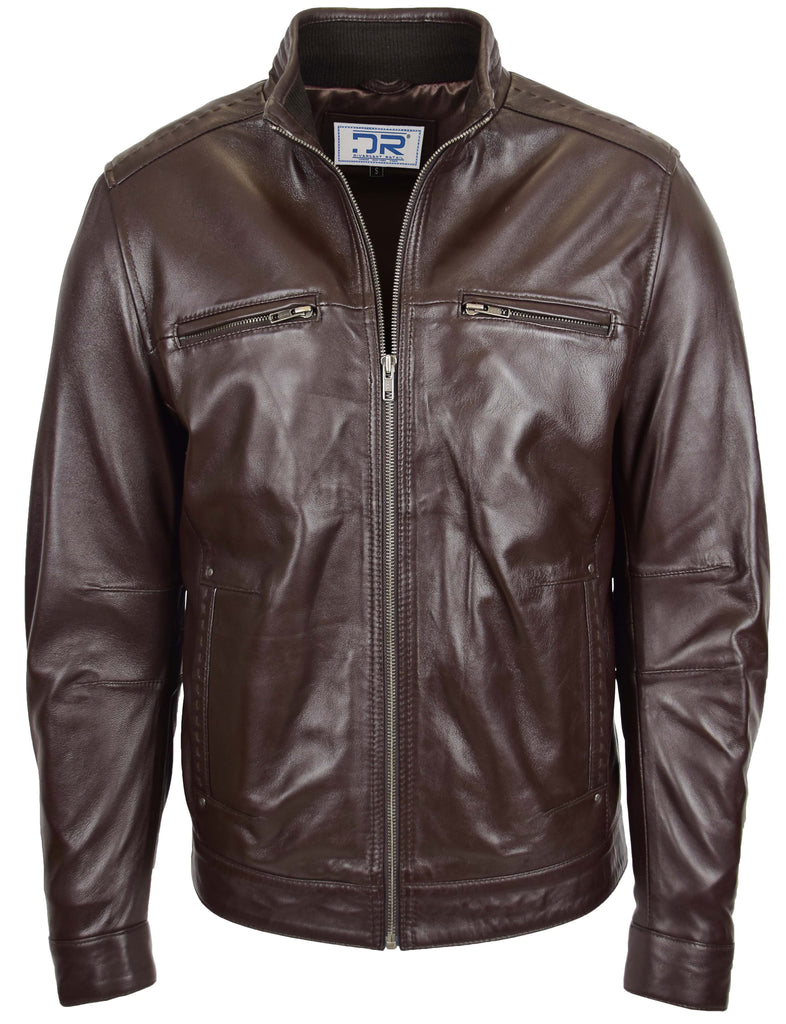 DR131 Mens Black Classic Biker Leather Jacket Brown 2