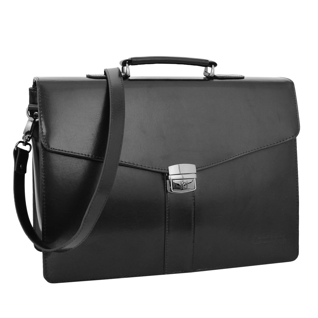 DR474 Men's Leather Flap Over Briefcase Black  1