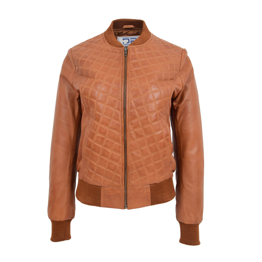DR211 Women's Quilted Retro 70s 80s Bomber Jacket Tan 1