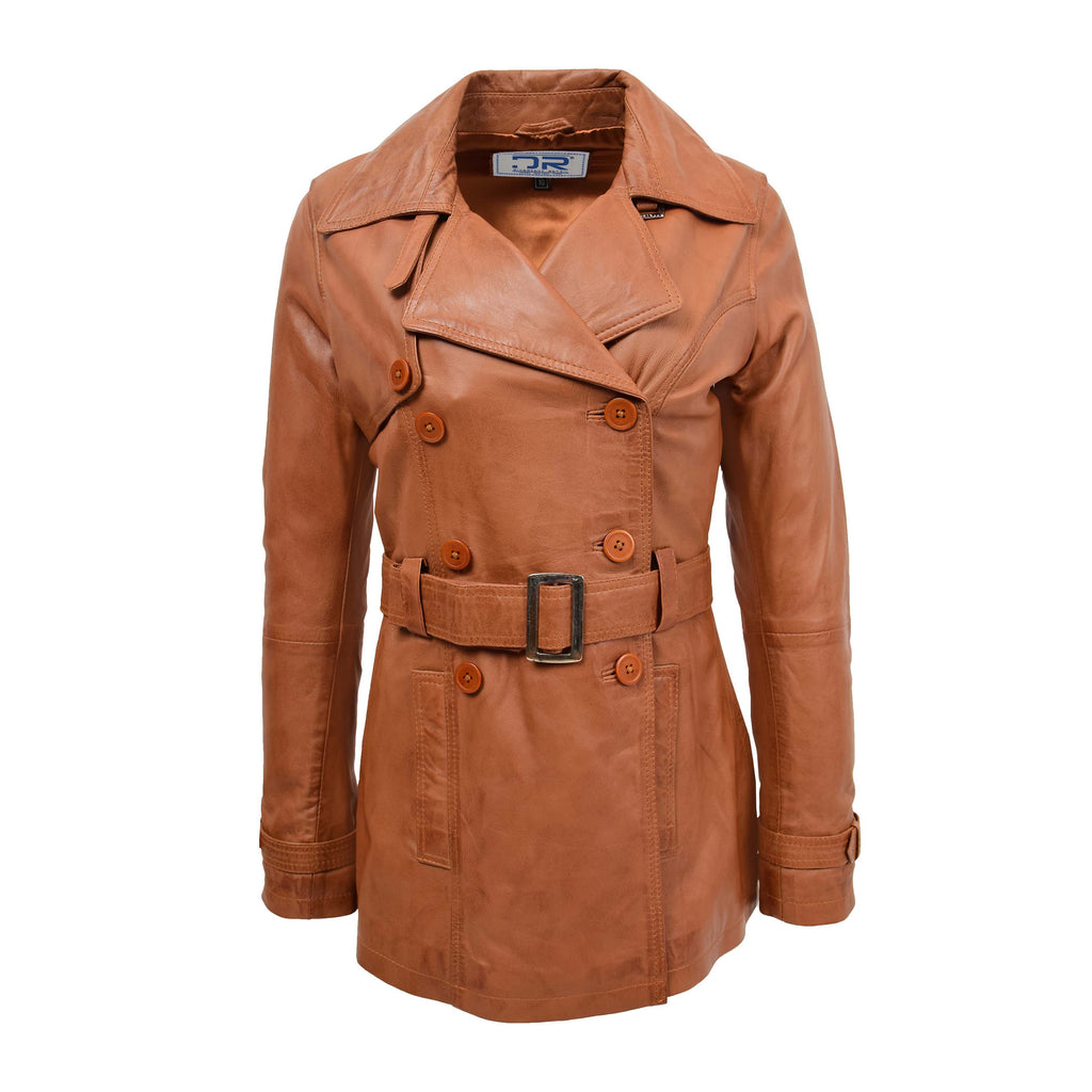 DR201 Women's Leather Buttoned Coat With Belt Smart Style Tan 1