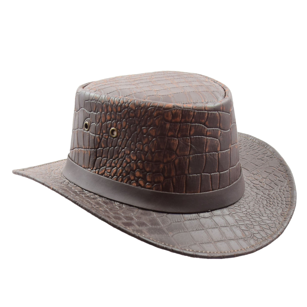DR505 Leather Hat Detachable Chin Strap Croc Print Brown 1