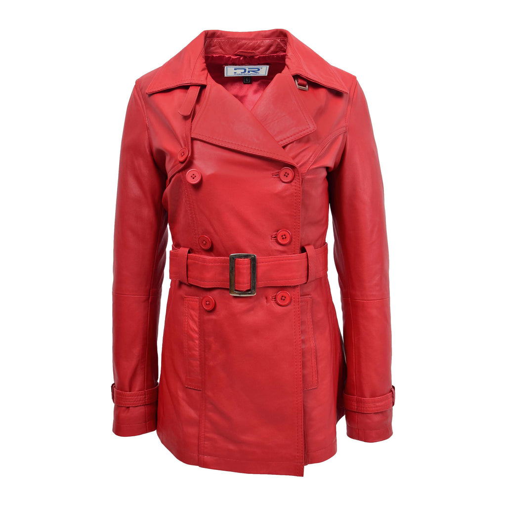 DR201 Women's Leather Buttoned Coat With Belt Smart Style Red 1