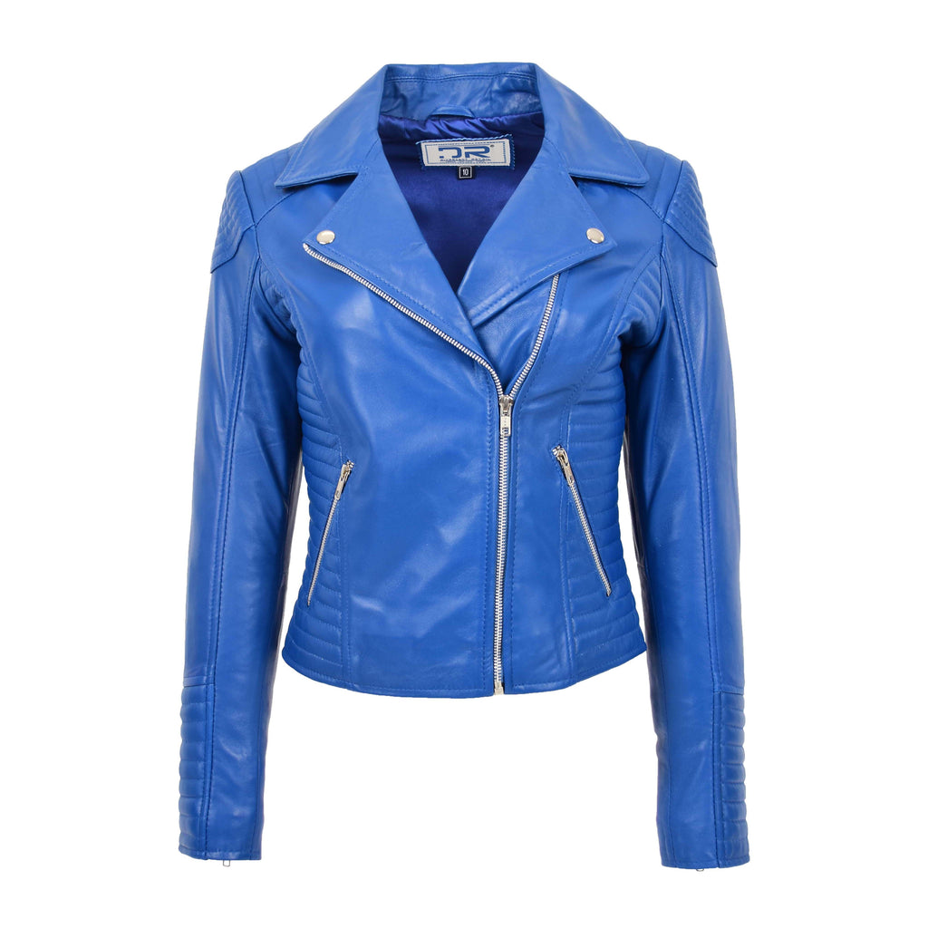 DR206 Women's Soft Leather Cross Zip Biker Jacket Blue 1