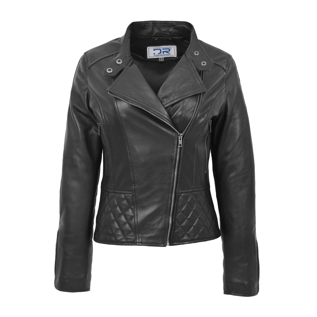 DR233 Women's Biker Leather Jacket Quilted Design Black 1