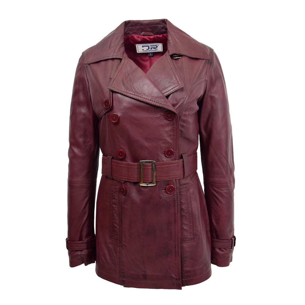 DR201 Women's Leather Buttoned Coat With Belt Smart Style Burgundy 1