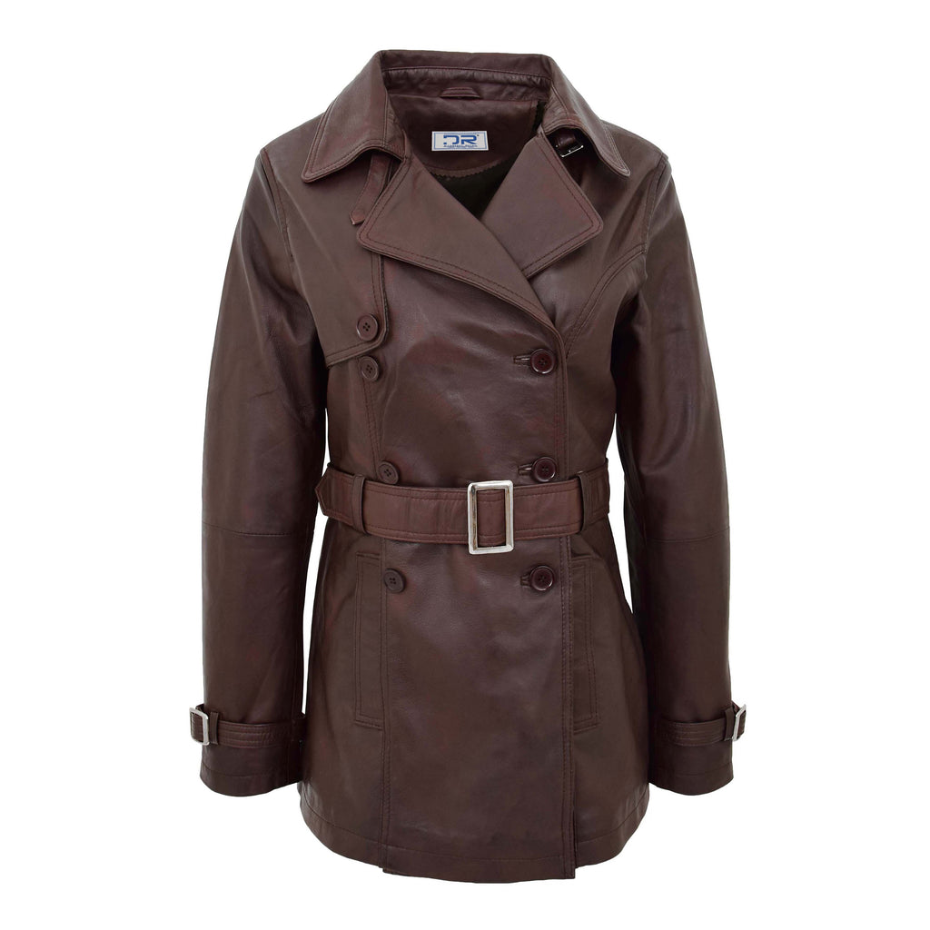 DR201 Women's Leather Buttoned Coat With Belt Smart Style Brown 1