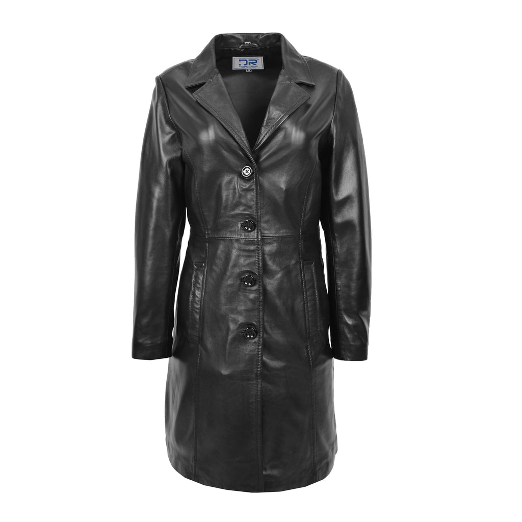 DR267 Ladies 3/4 Long Classic Fitted Soft Leather Coat Black 1