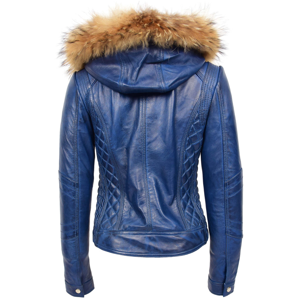 DR261 Women's Detachable Hoodie Biker Leather Jacket Blue 2