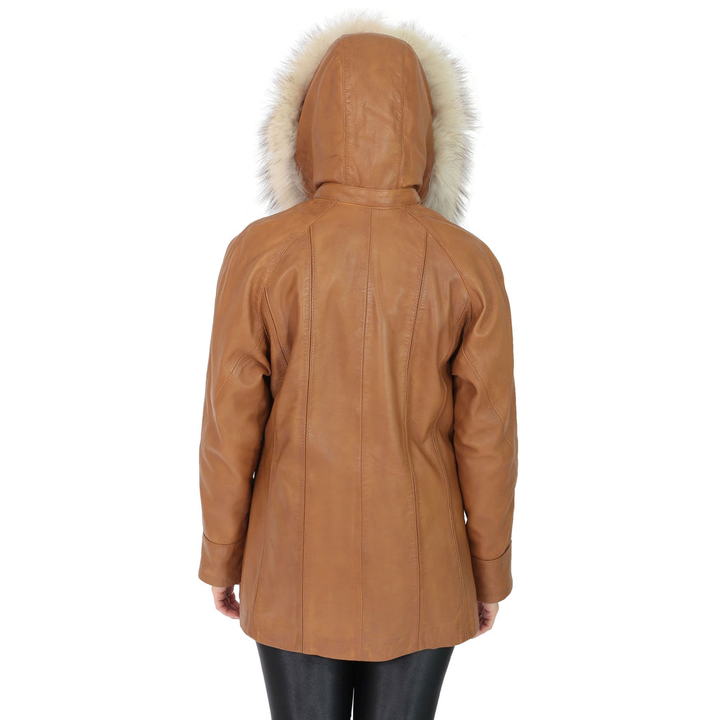 DR270 Women's Leather Coat with Fur Hood Winter Tan 2