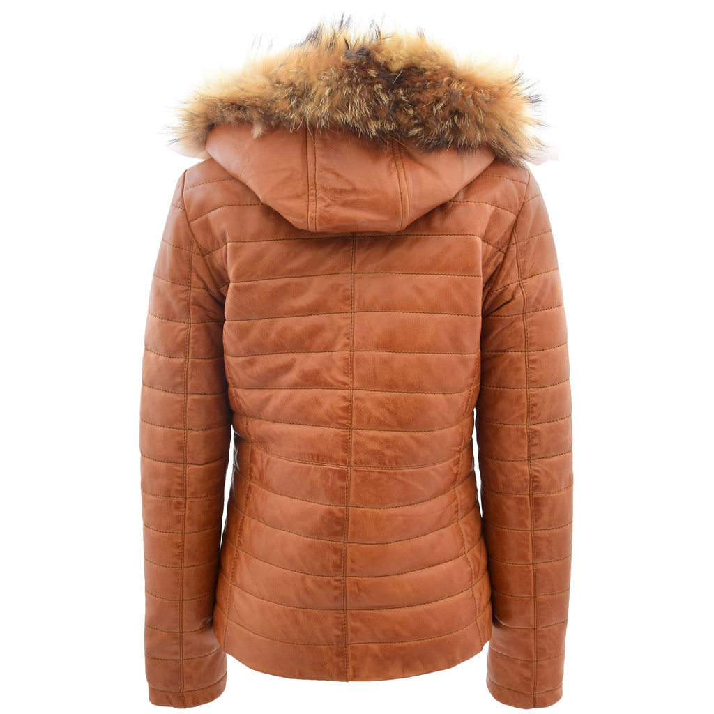 DR262 Women’s Real Leather Puffer Jacket Removable Hood Tan 2