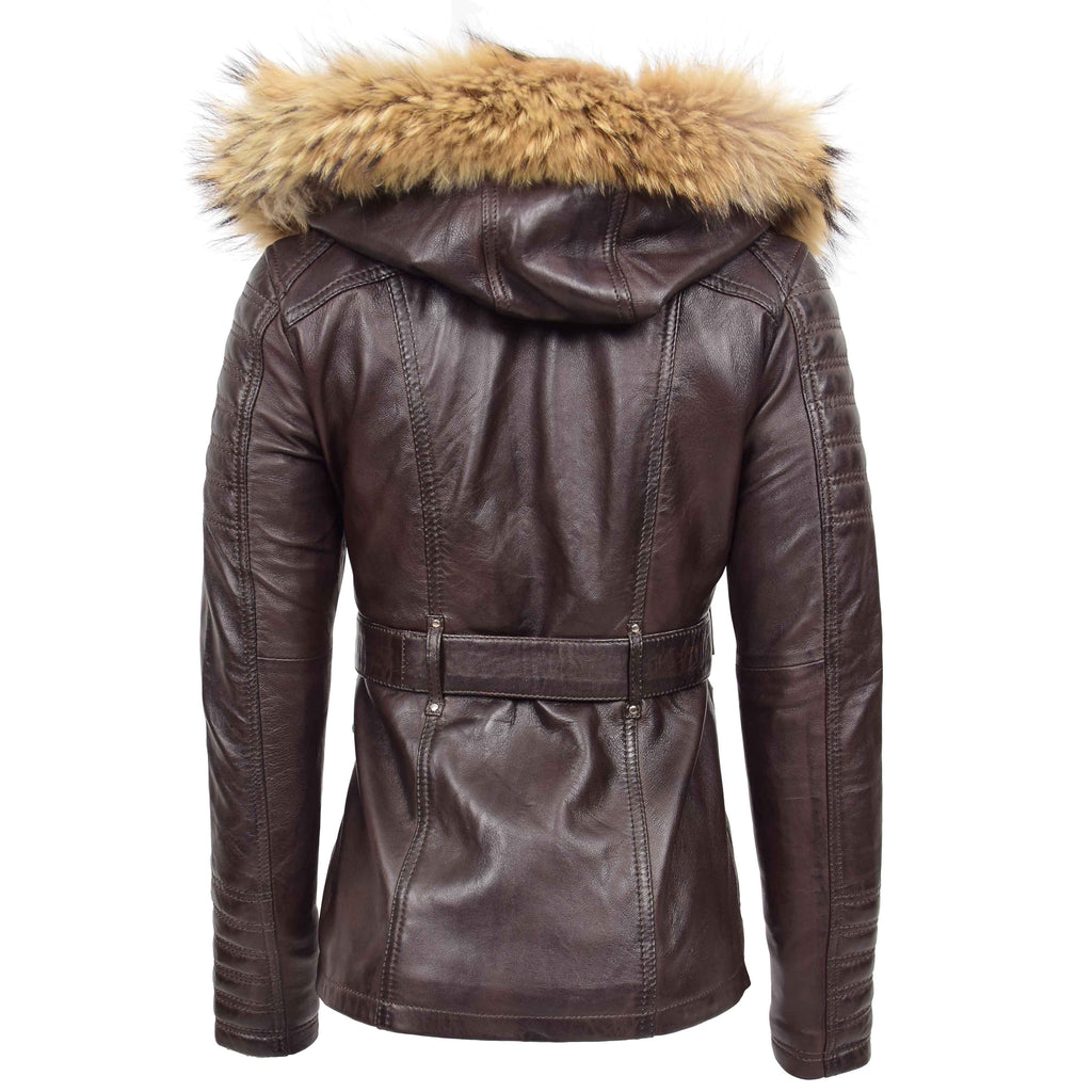 DR264 Women's Leather Parka Coat Detachable Hoodie Waist Belt Brown 3