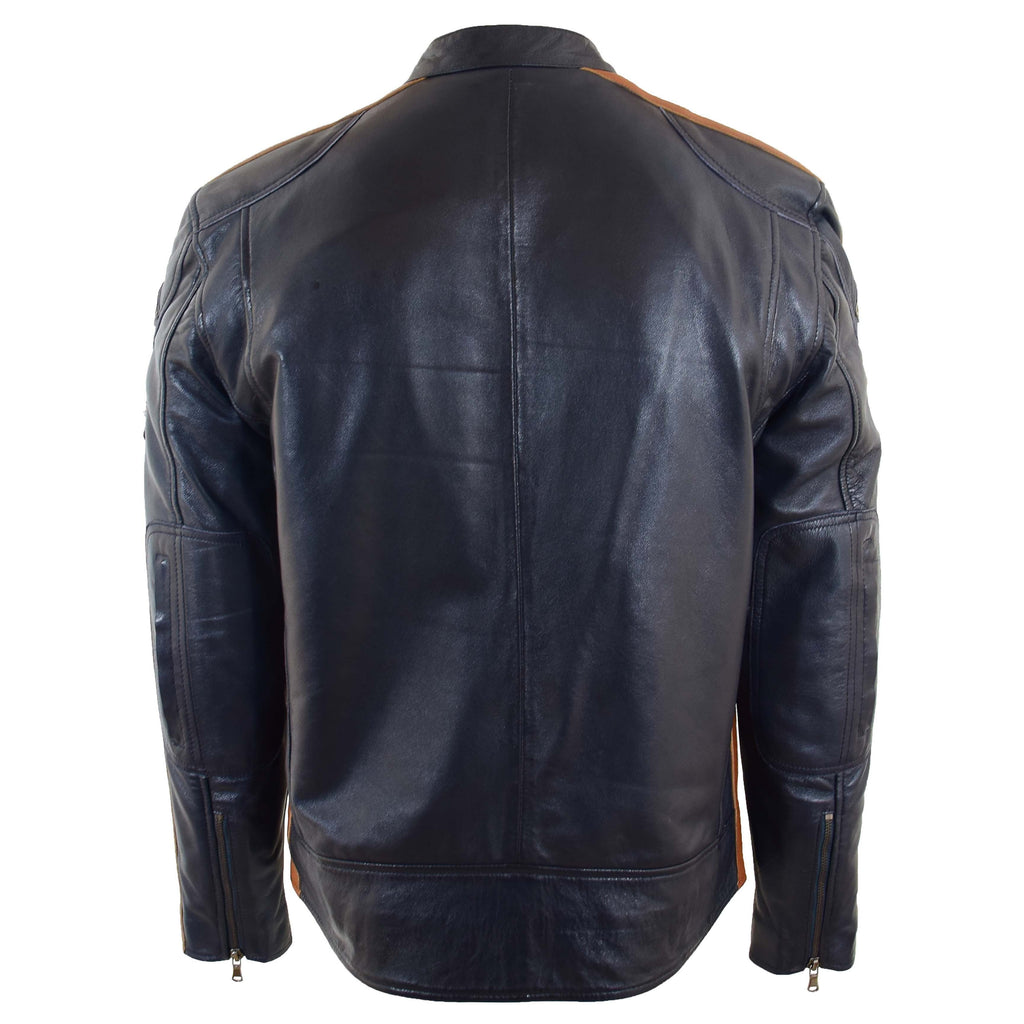 DR529 Men's Genuine Leather Cafe Racer Style Badges Biker Jacket Navy 2