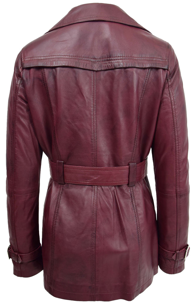 DR201 Women's Leather Buttoned Coat With Belt Smart Style Burgundy 3