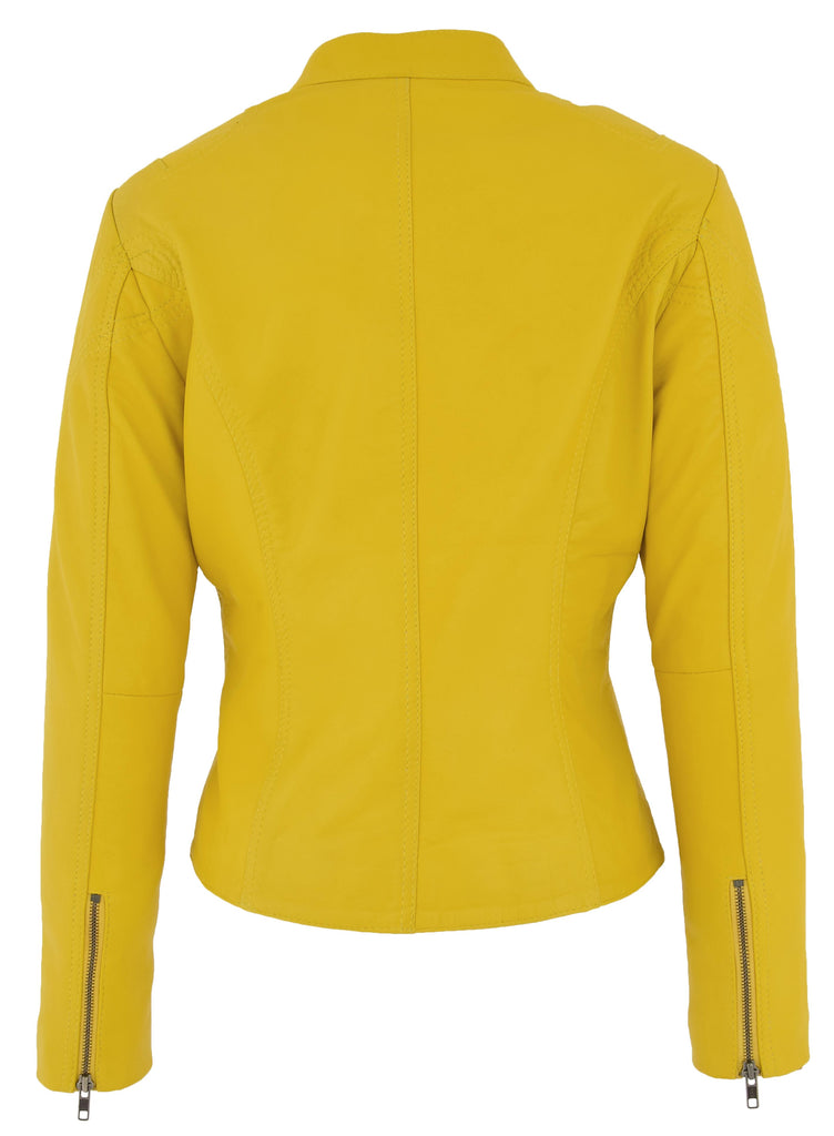DR200 Ladies Classic Casual Biker Leather Jacket Yellow 2