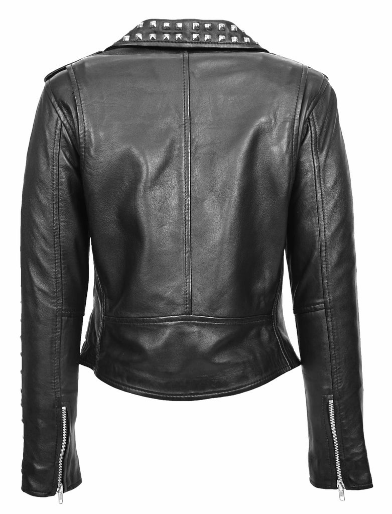 DR256 Women's Studded Biker Style Leather Jacket Black 5