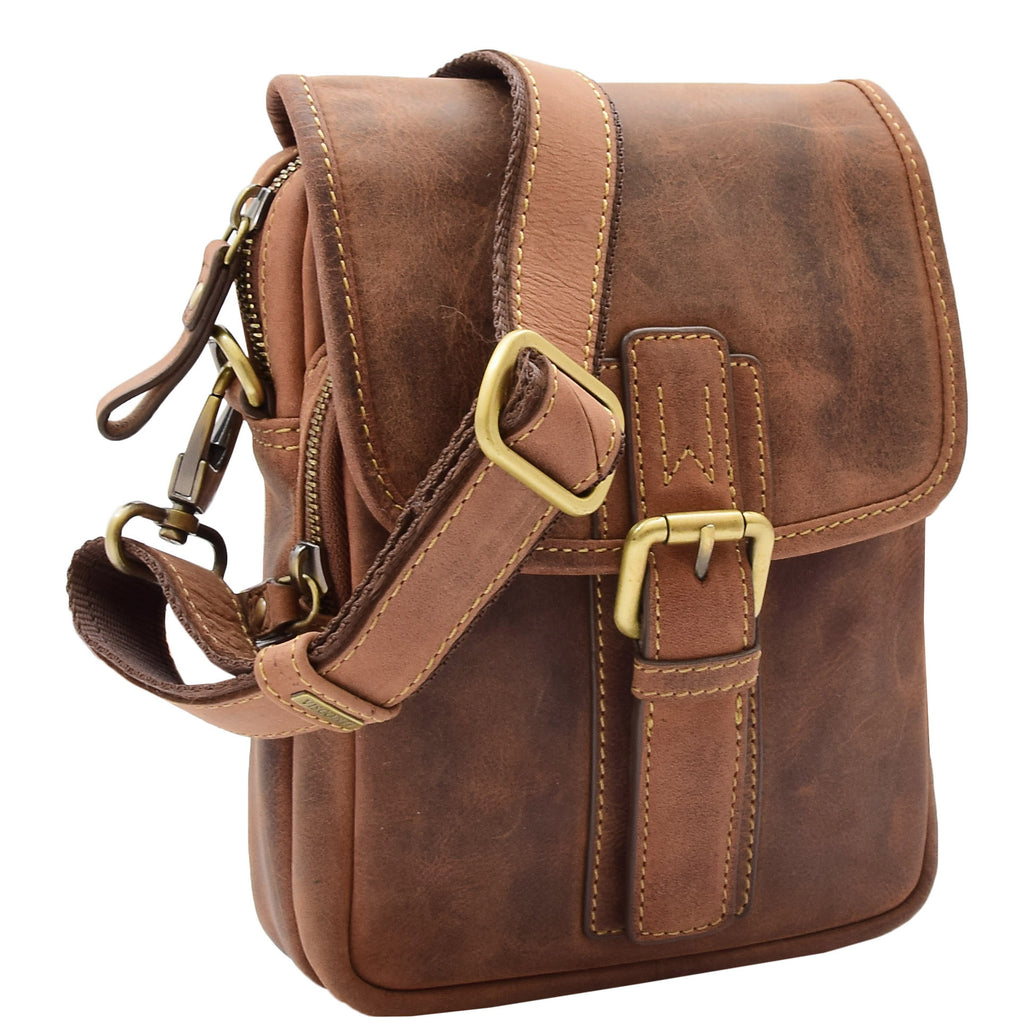 DR386 Men's Smart Crossbody Bag Genuine Leather Messenger Tan 8