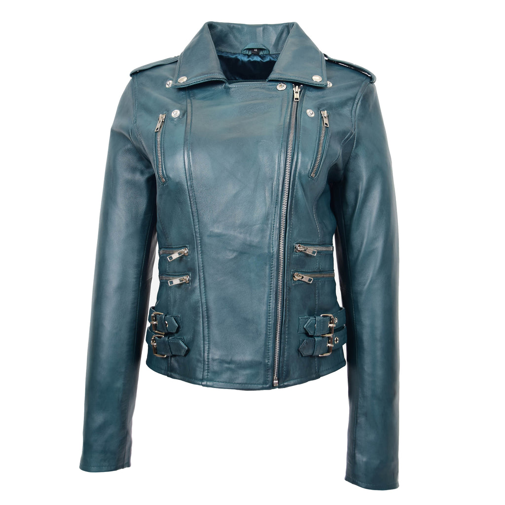 DR195 Women’s Trendy Biker Leather Jacket Teal 6