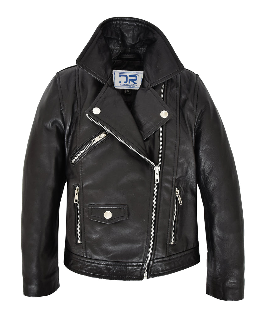 DR455 Girls Real Leather Cross Zip Biker Style Jacket Black 2