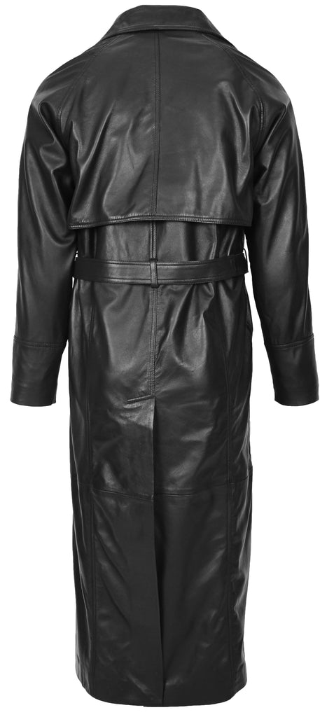 DR157 Men's Trench Double Breasted Full Length Leather Coat Black 4