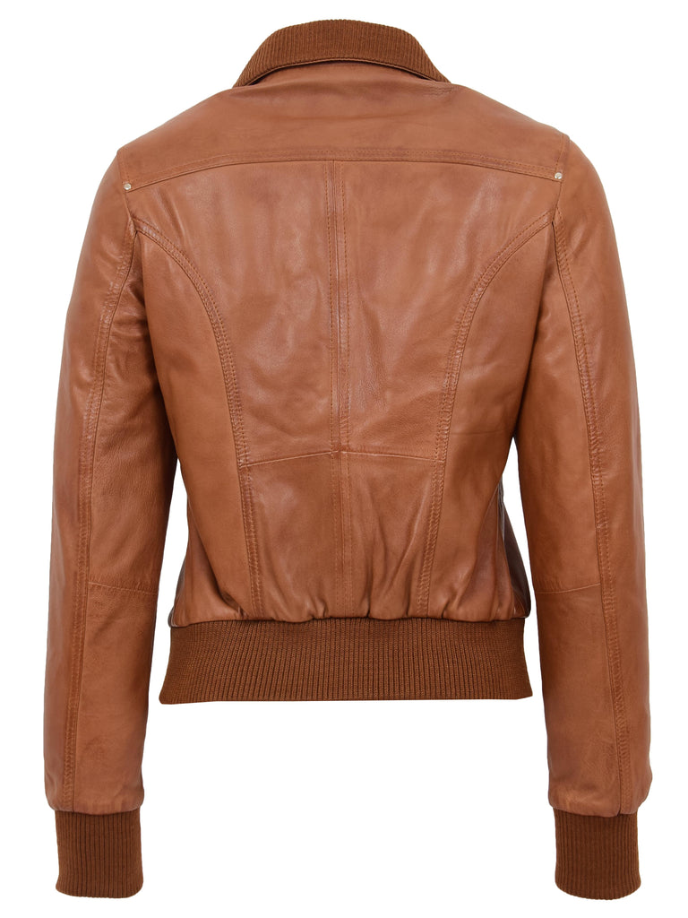 DR514 Womens Leather Classic Bomber Jacket Tan 6