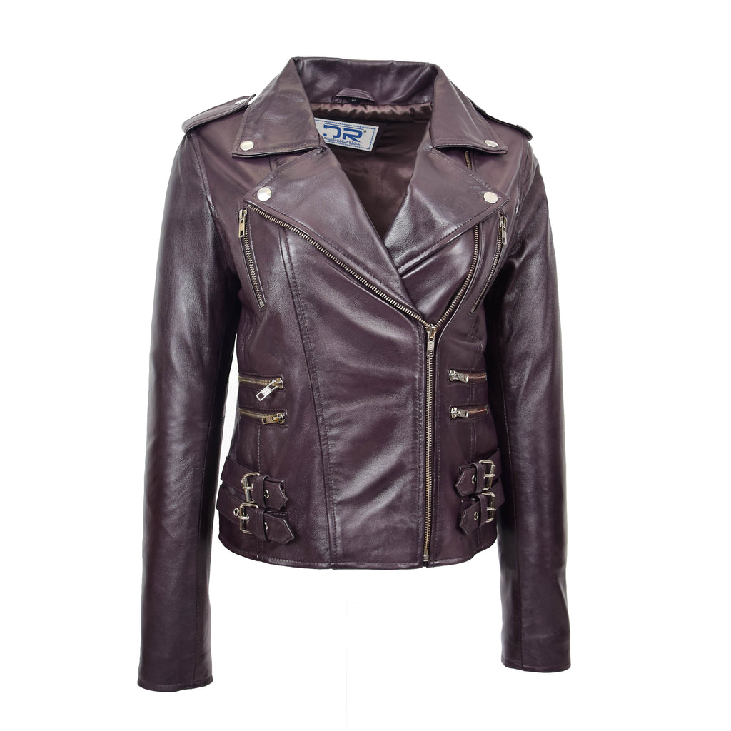 DR195 Women’s Trendy Biker Leather Jacket Purple 4