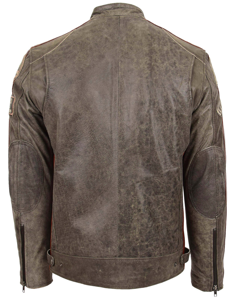 DR137 Men's Biker Leather Jacket with Badges Brown 2