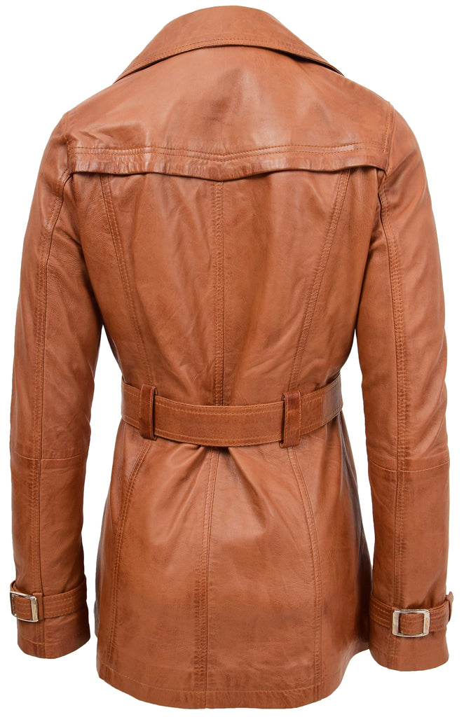DR201 Women's Leather Buttoned Coat With Belt Smart Style Tan 2