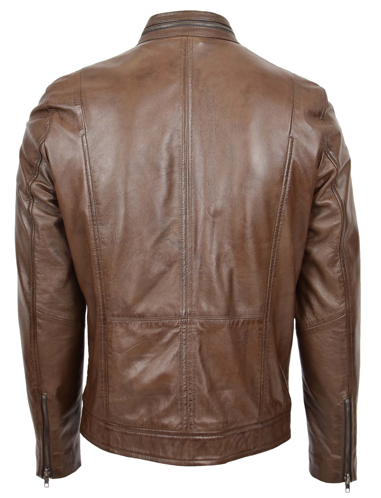 DR149 Men's Vintage Style Leather Biker Jacket Brown 2
