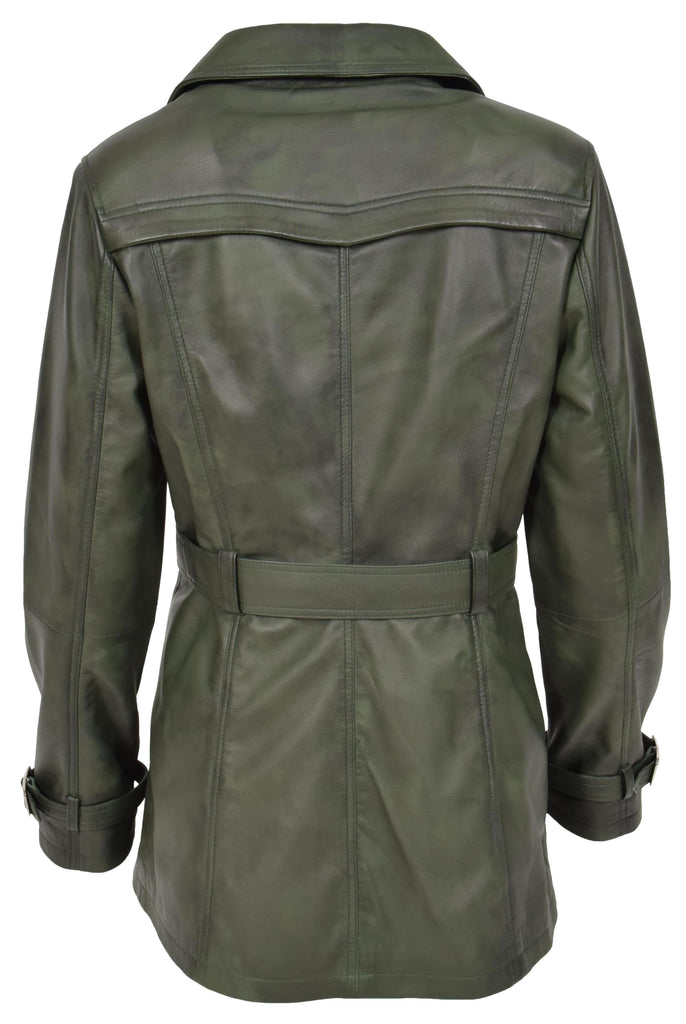 DR201 Women's Leather Buttoned Coat With Belt Smart Style Green 5