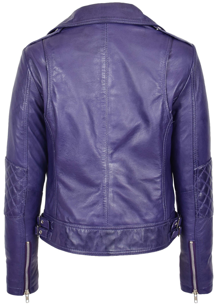 DR207 Women's Real Leather Biker Cross Zip Jacket Purple 3