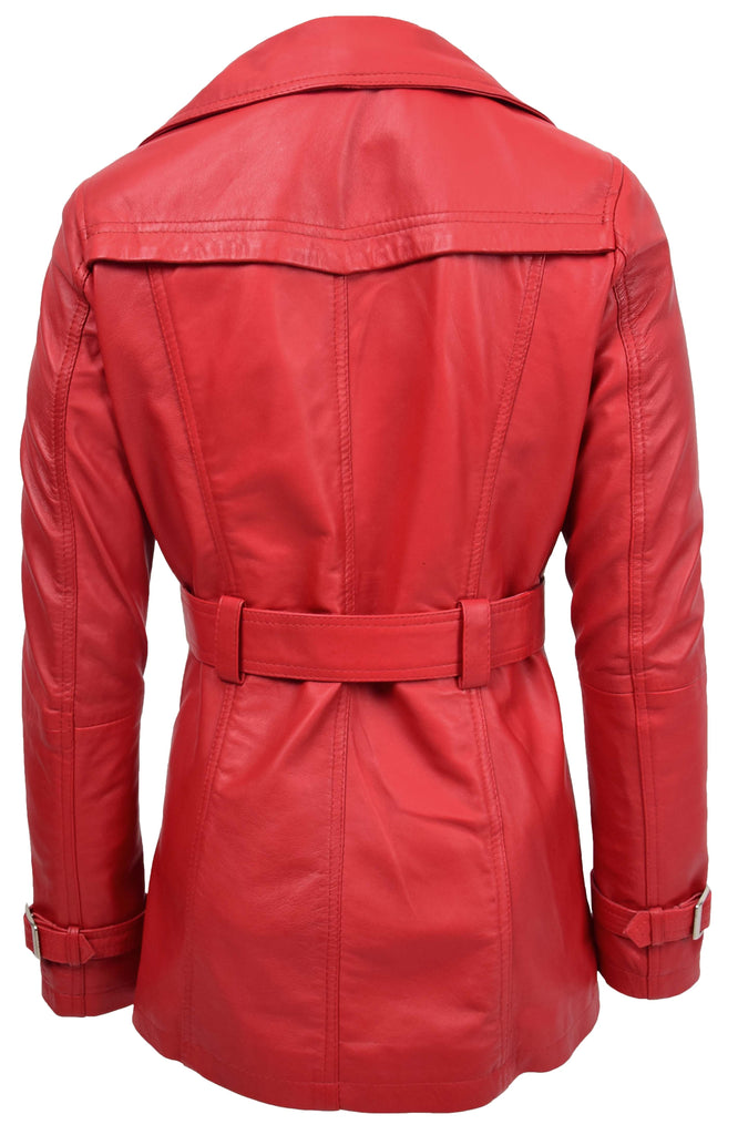 DR201 Women's Leather Buttoned Coat With Belt Smart Style Red  2