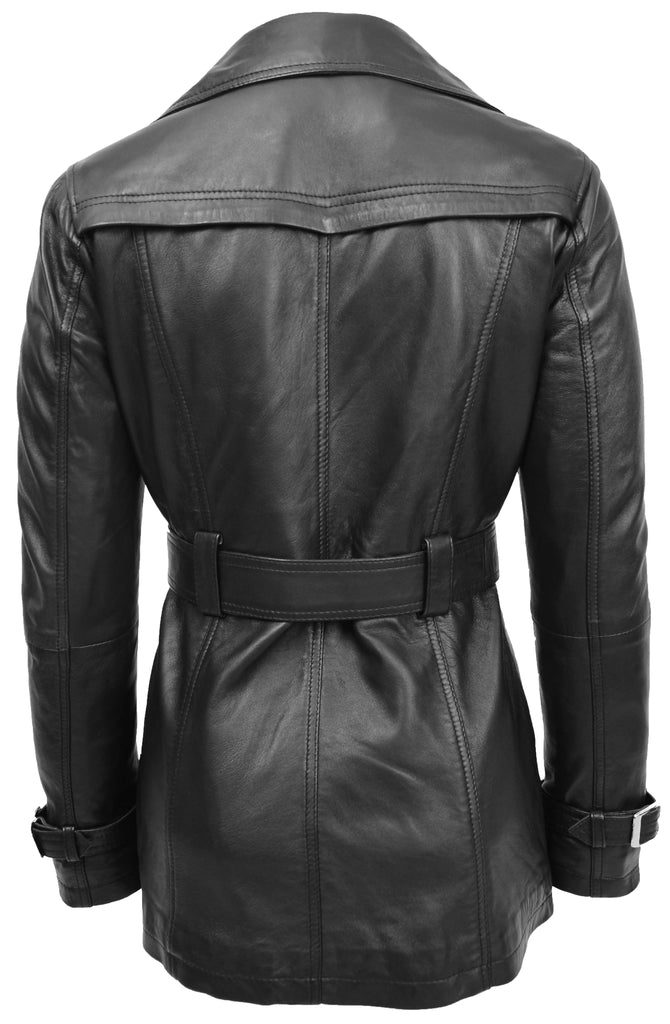 DR201 Women's Leather Buttoned Coat With Belt Smart Style Black 2