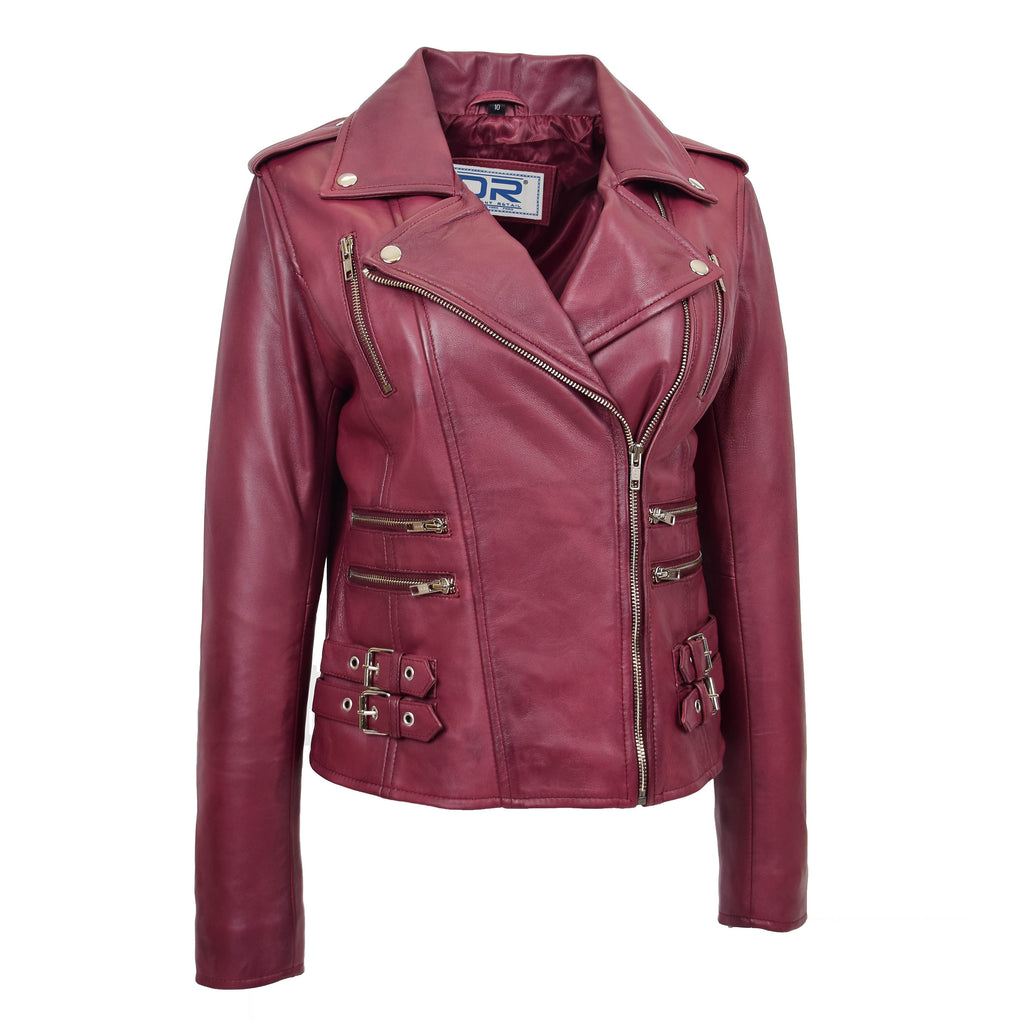 DR195 Women’s Trendy Biker Leather Jacket Burgundy 4