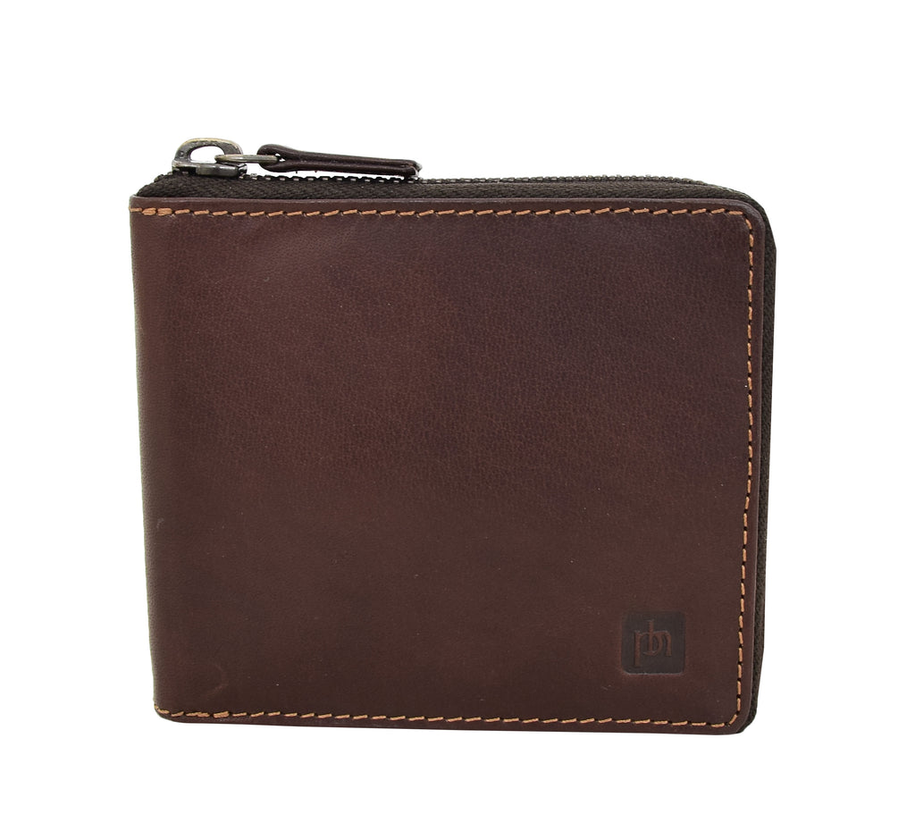 DR411 Men's Rfid Zip Around Real Leather Cards Coins Wallet Brown 3