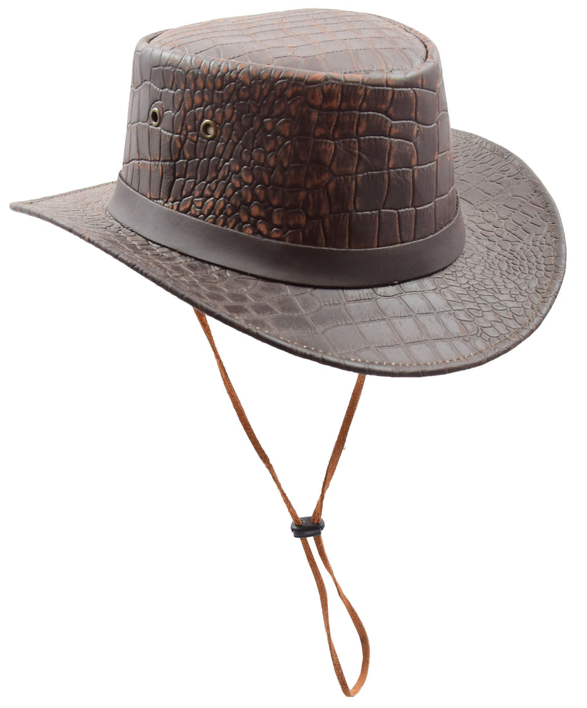 DR505 Leather Hat Detachable Chin Strap Croc Print Brown 2