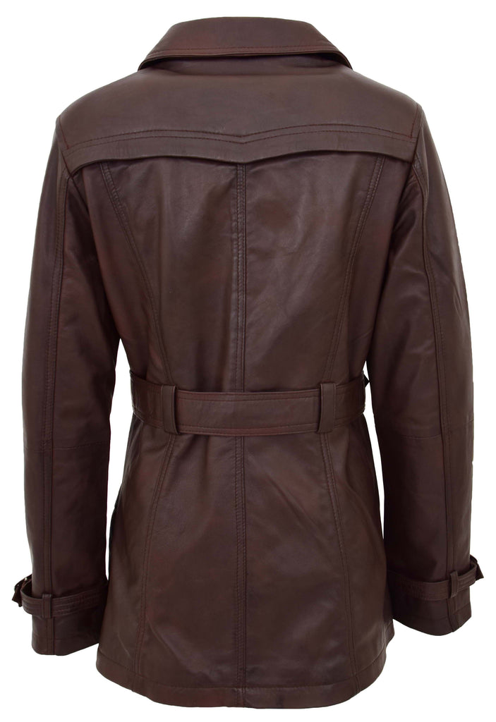 DR201 Women's Leather Buttoned Coat With Belt Smart Style Brown 2