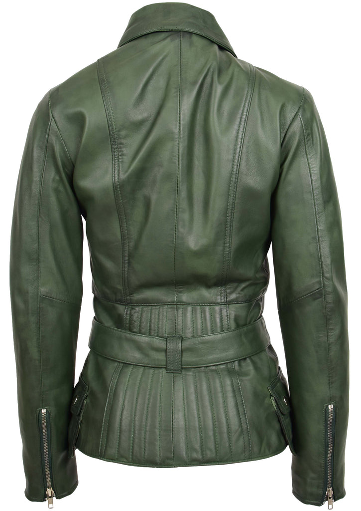 DR205 Women’s Slim Fit Cut Hip Length Biker Leather Jacket Green 2