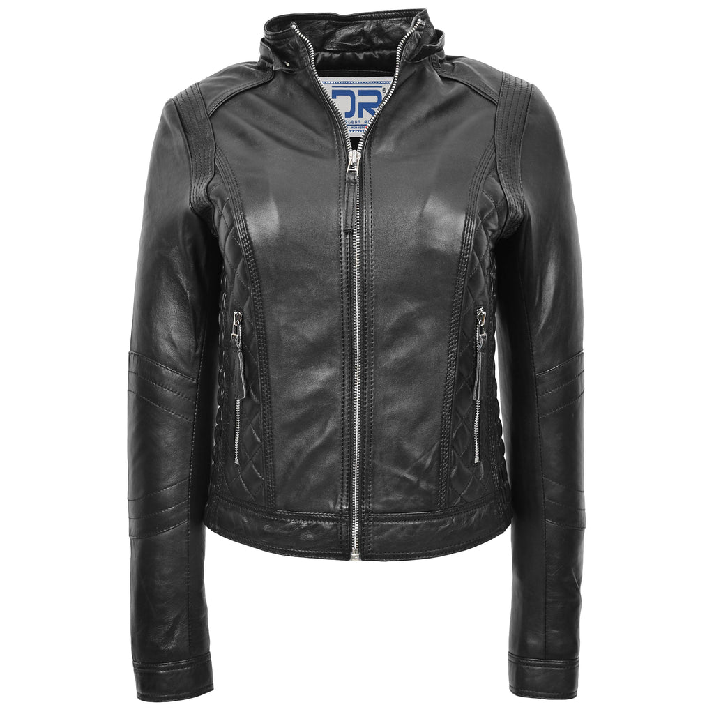 DR261 Women's Detachable Hoodie Biker Leather Jacket Black 3