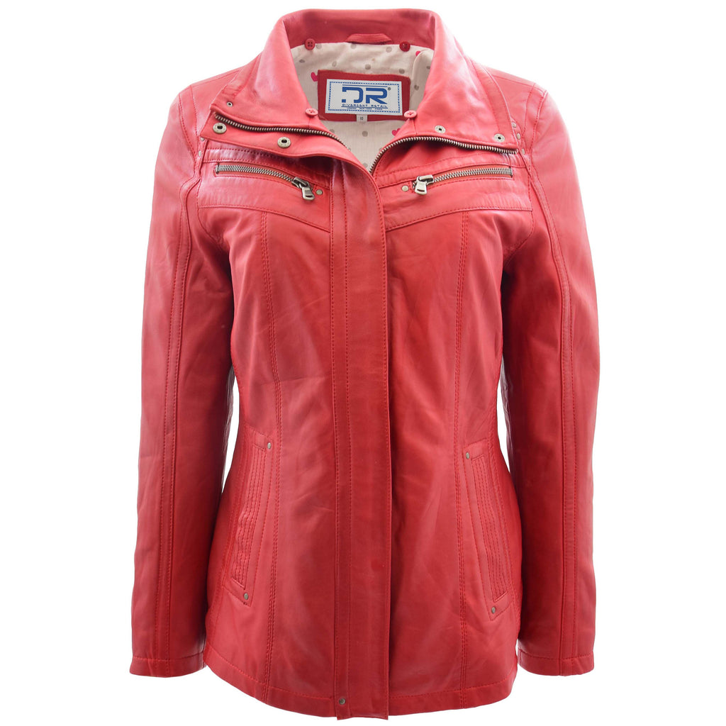 DR258 Women's Leather Jacket with Detachable Collar Red 3
