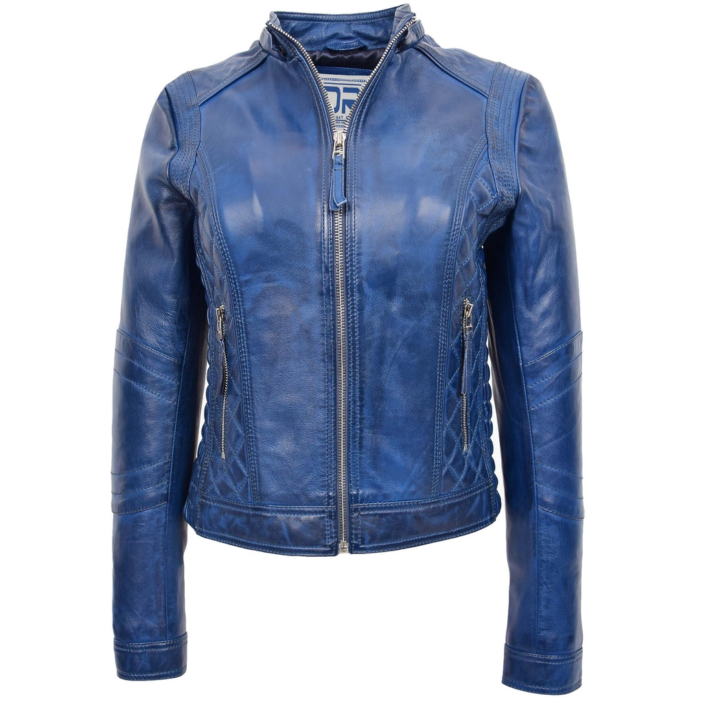 DR261 Women's Detachable Hoodie Biker Leather Jacket Blue 3