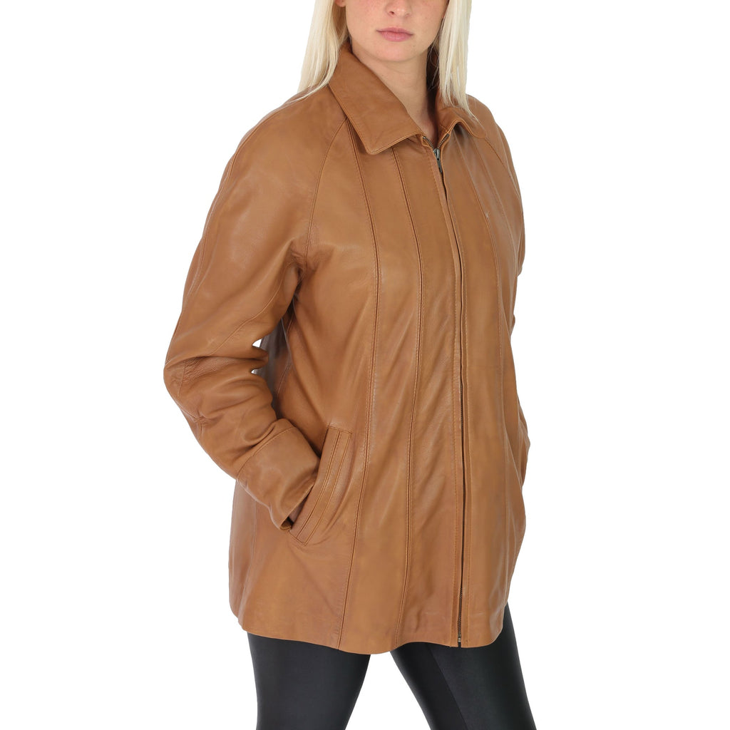 DR270 Women's Leather Coat with Fur Hood Winter Tan 3