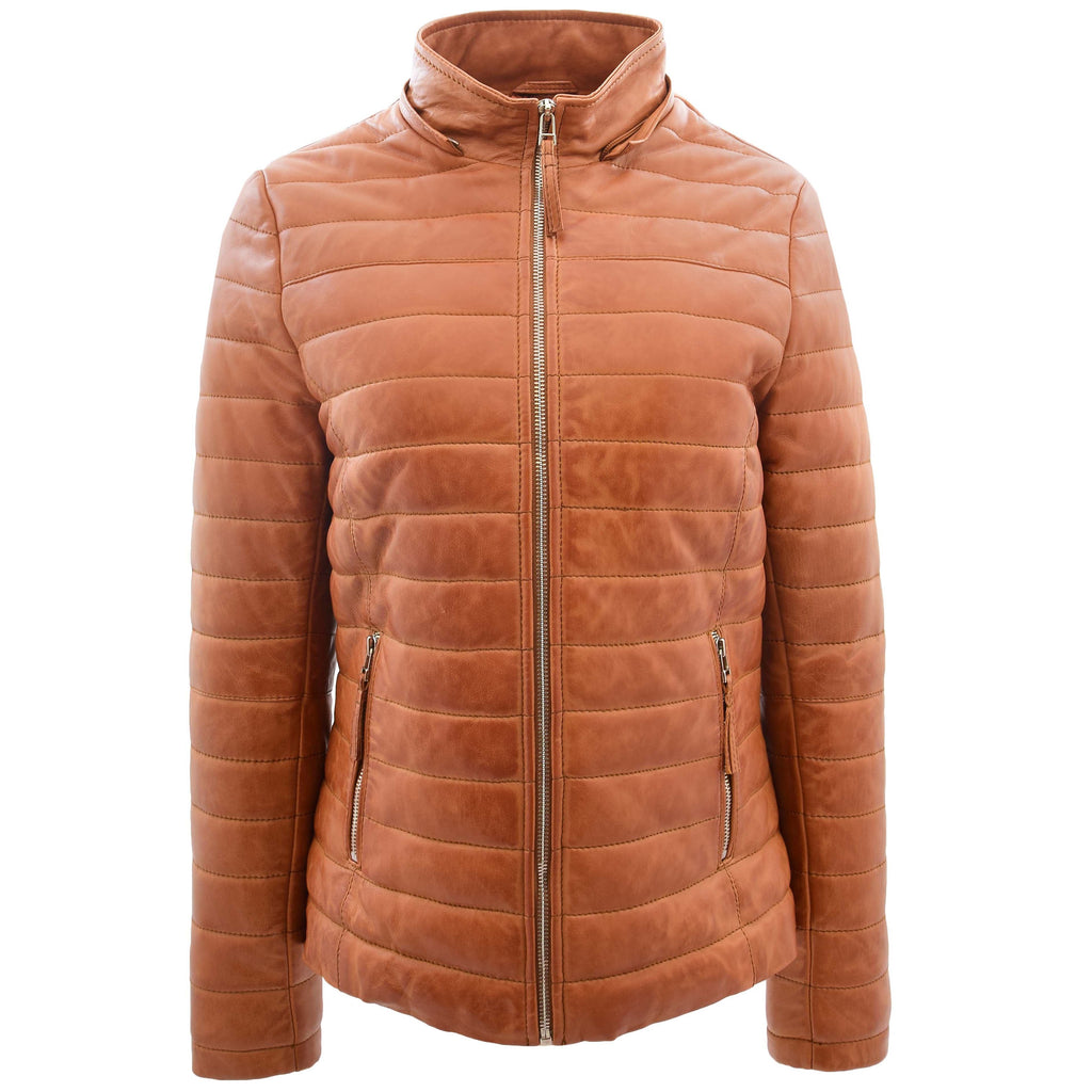 DR262 Women’s Real Leather Puffer Jacket Removable Hood Tan 3