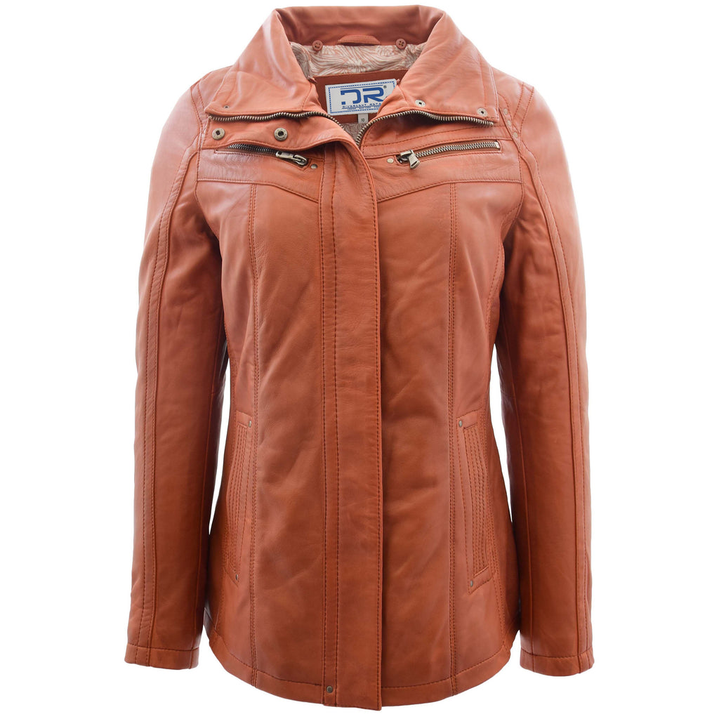 DR258 Women's Leather Jacket with Detachable Collar Cognac 3