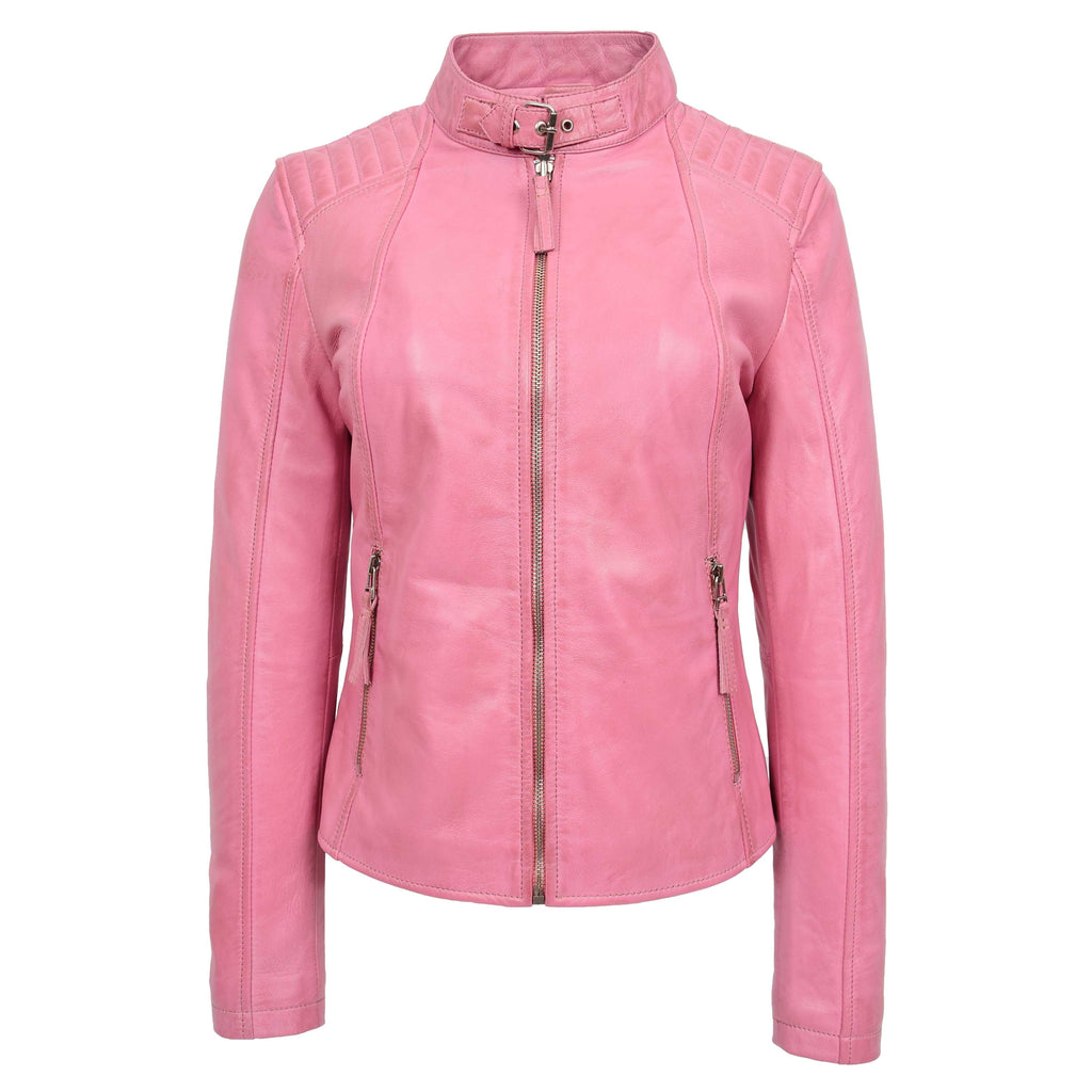 DR263 Women's Real Leather Classic Biker Jacket Pink3