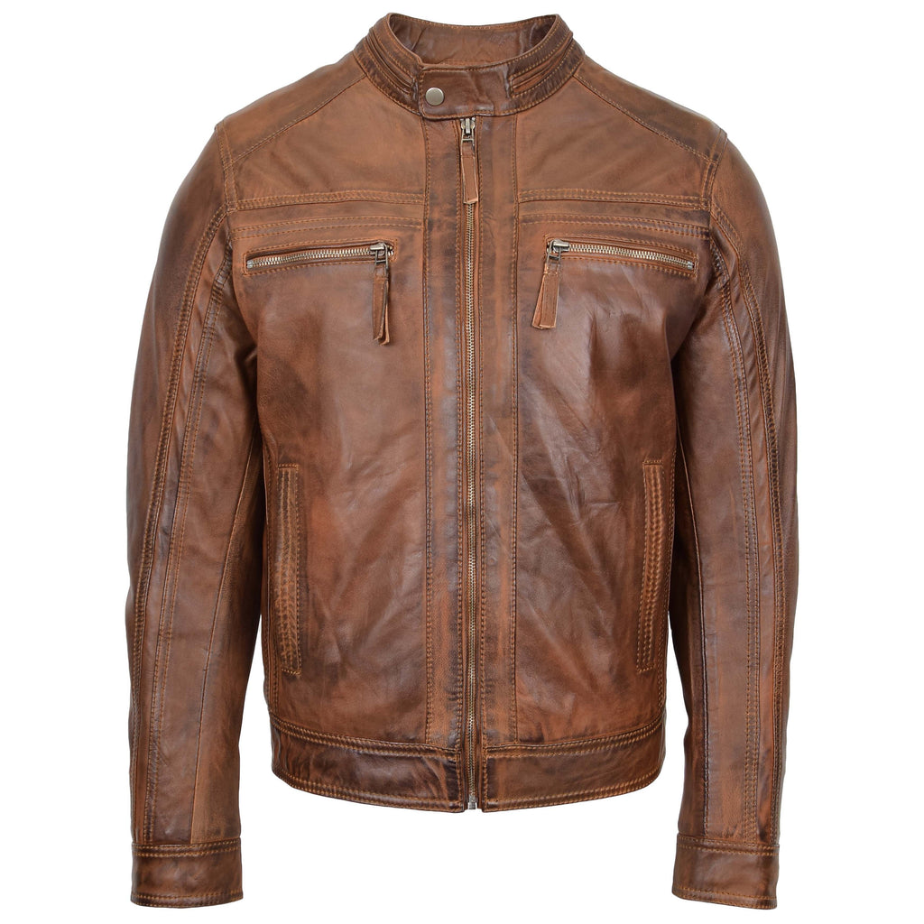 DR530 Men's Biker Cafe Racer Leather Jacket Antique Brown 3
