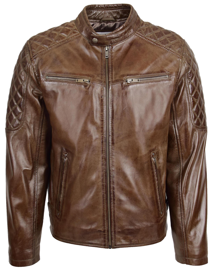 DR158 Men's Classic Quilted Biker Leather Jacket Brown 3