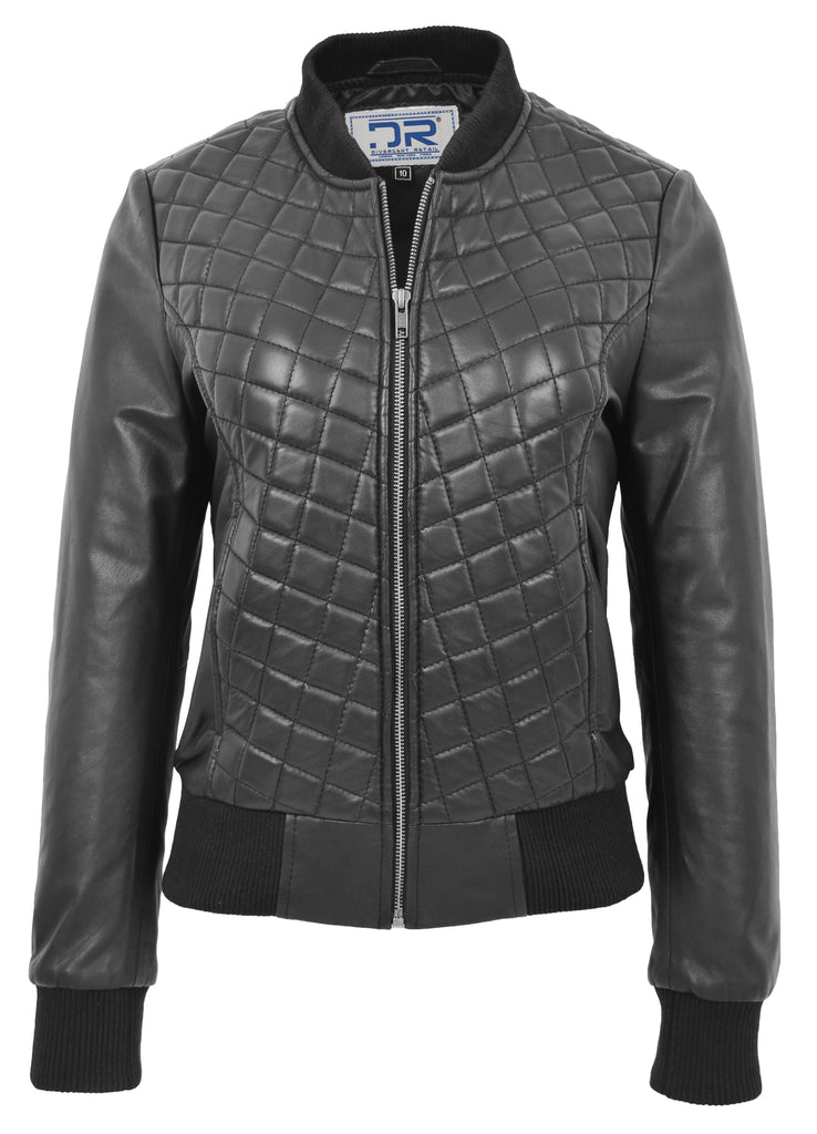 DR211 Women's Quilted Retro 70s 80s Bomber Jacket Black 3